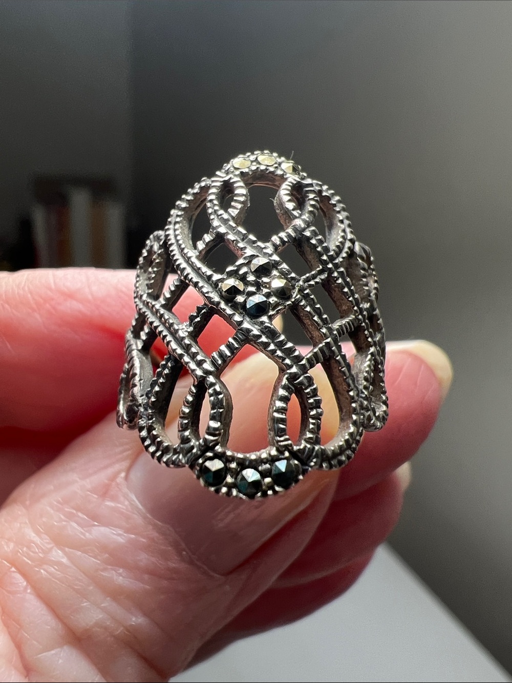 Openwork Dome Filigree Ring with Faceted Accents - 925 Sterling Silver- Heirloom